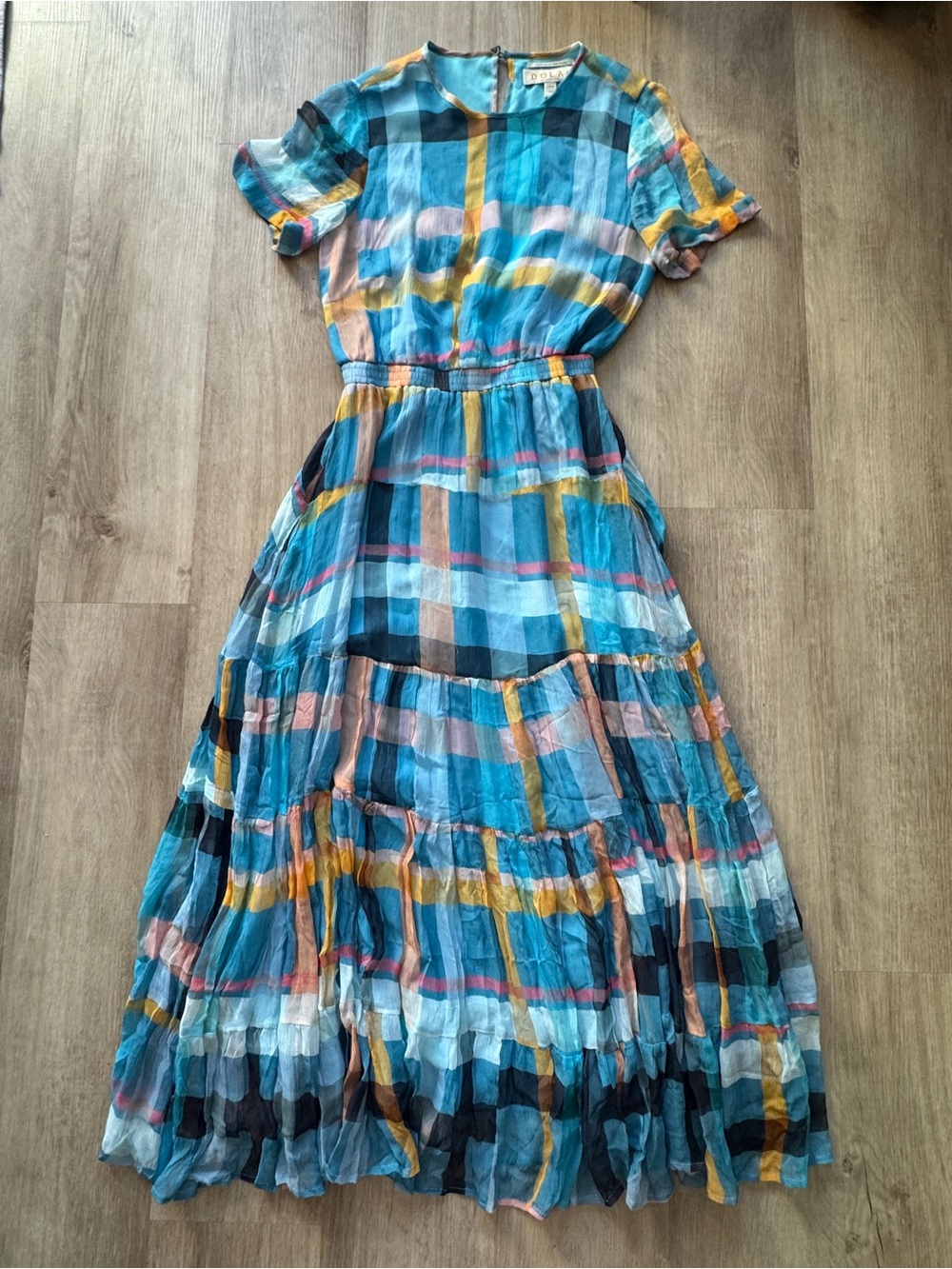 DOLAN Plaid Patchwork Gauzy Boho Maxi Tiered Flowy Coastal Cruise Dress XXS